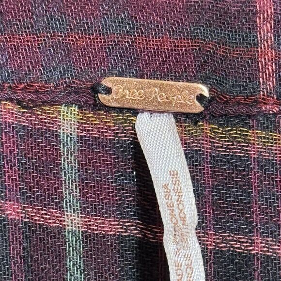 Free People Come On Over Plaid Tunic Button Pleated Hi Lo Fray Purple Gold Sz XS - Picture 5 of 9